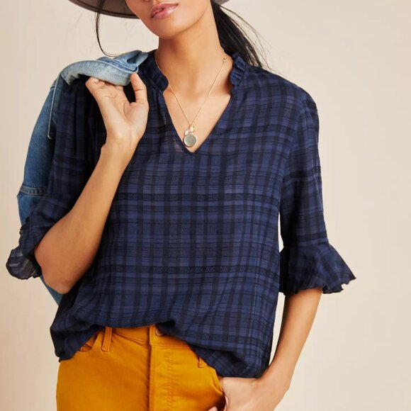 Anthropologie Dolan Tandy Ruffle Top in Blue Black Plaid XS BOHO WESTERN CASUAL - Picture 1 of 6